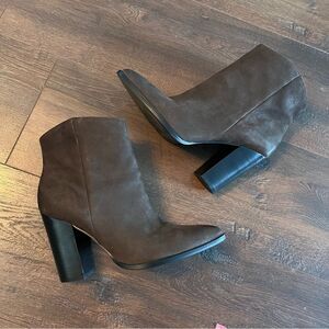 Halogen Brown Pointed Toe Bootie Stacked Heel